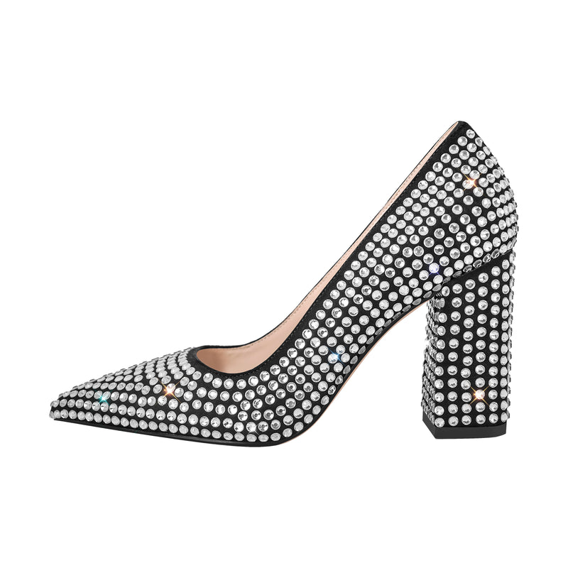 Rhinestone Pointed Toe Chunky Heel Pumps