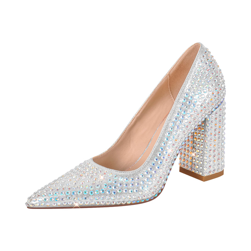 Rhinestone Pointed Toe Chunky Heel Pumps