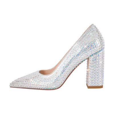 Rhinestone Pointed Toe Chunky Heel Pumps