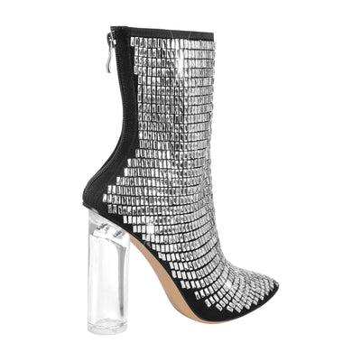 Rhinestone Pointed Toe Clear Chunky Heel Ankle Boots