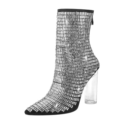 Rhinestone Pointed Toe Clear Chunky Heel Ankle Boots