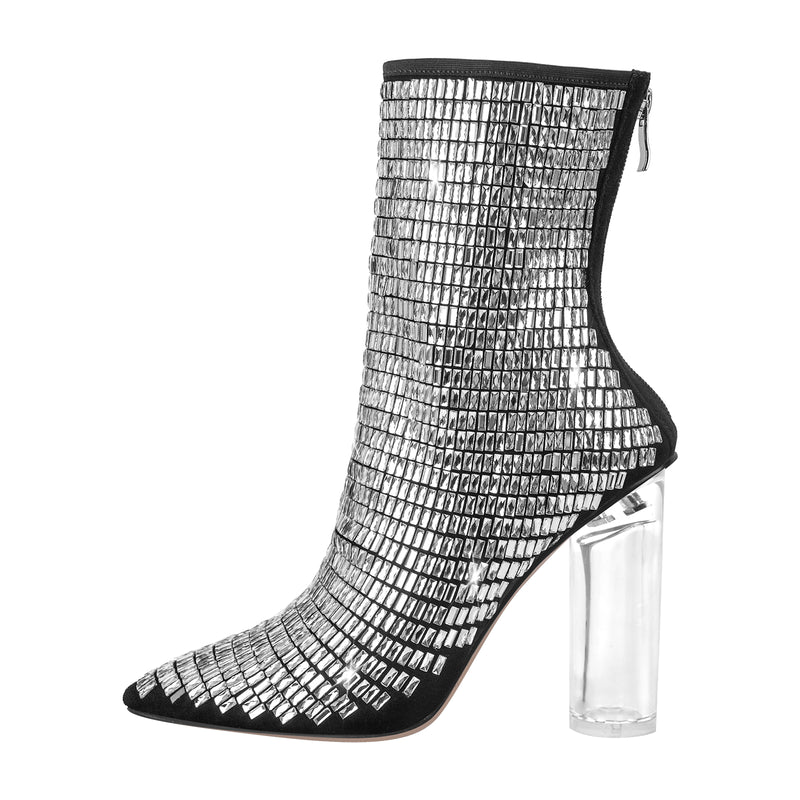 Rhinestone Pointed Toe Clear Chunky Heel Ankle Boots