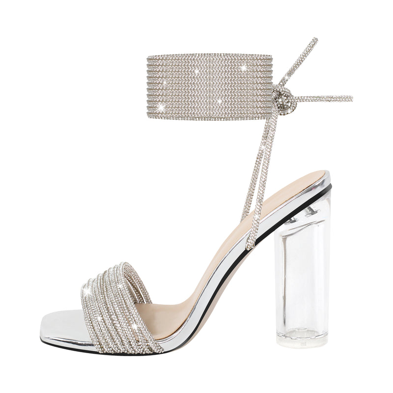 Strap Rhinestone Clear Chunky Heel Lace-up Sandals