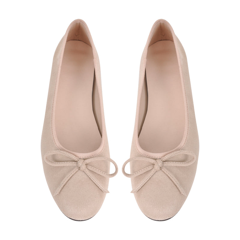 Bow Round Toe Suede Natural Ballet Flats