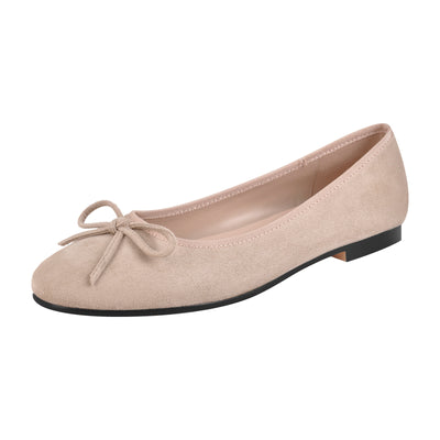 Bow Round Toe Suede Natural Ballet Flats