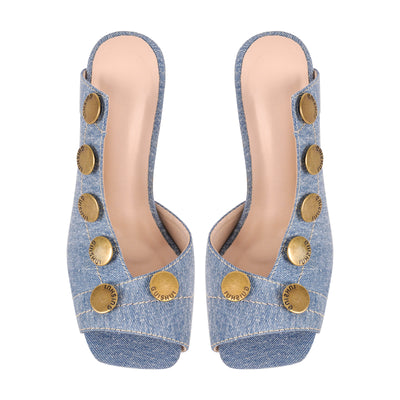 Square Toe Multi-Buckle Stiletto Denim Sandals