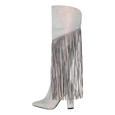 Pointed Toe  Rhinestone Tassels Knee-high Boots