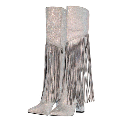 Pointed Toe  Rhinestone Tassels Knee-high Boots