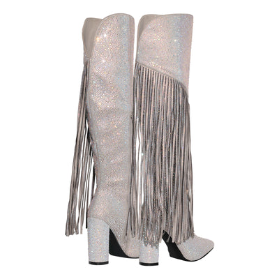 Pointed Toe  Rhinestone Tassels Knee-high Boots