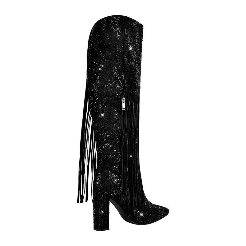 Pointed Toe  Rhinestone Tassels Knee-high Boots