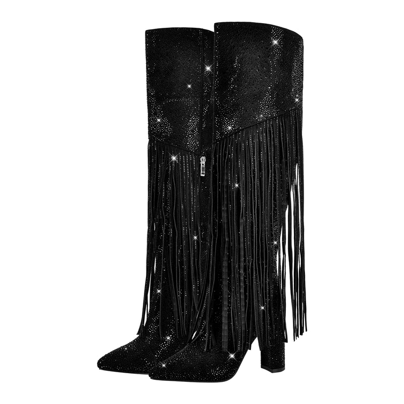 Pointed Toe  Rhinestone Tassels Knee-high Boots