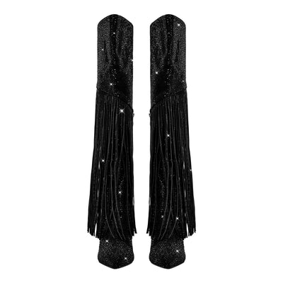 Pointed Toe  Rhinestone Tassels Knee-high Boots