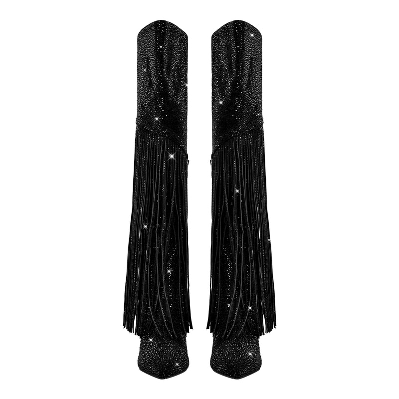 Pointed Toe  Rhinestone Tassels Knee-high Boots