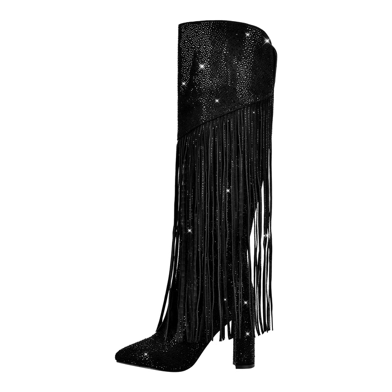 Pointed Toe  Rhinestone Tassels Knee-high Boots