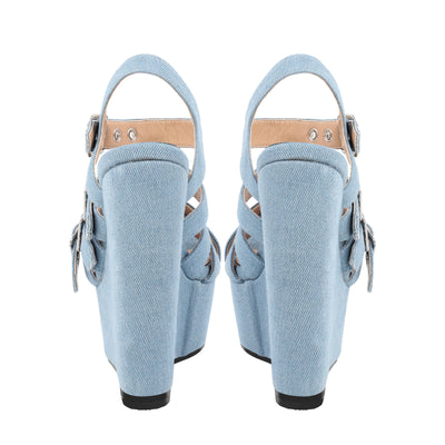 Denim Platform Wedge Heel Buckle Strap Sandals