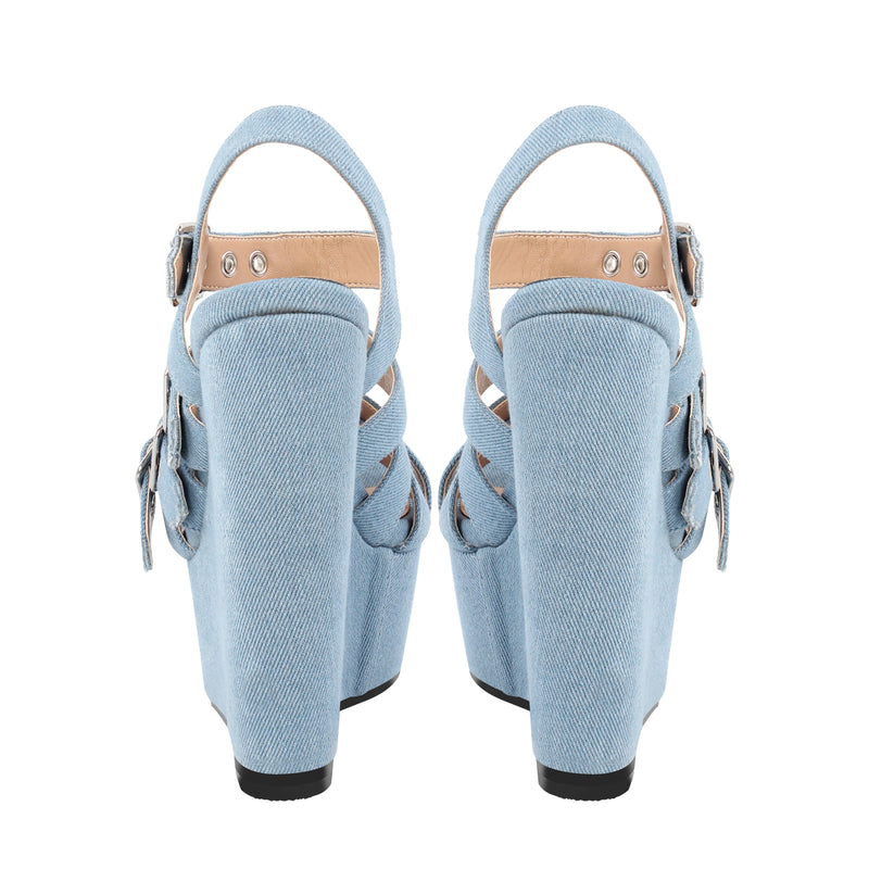 Denim Platform Wedge Heel Buckle Strap Sandals