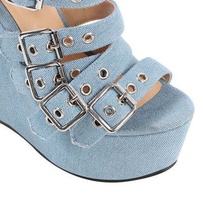 Denim Platform Wedge Heel Buckle Strap Sandals