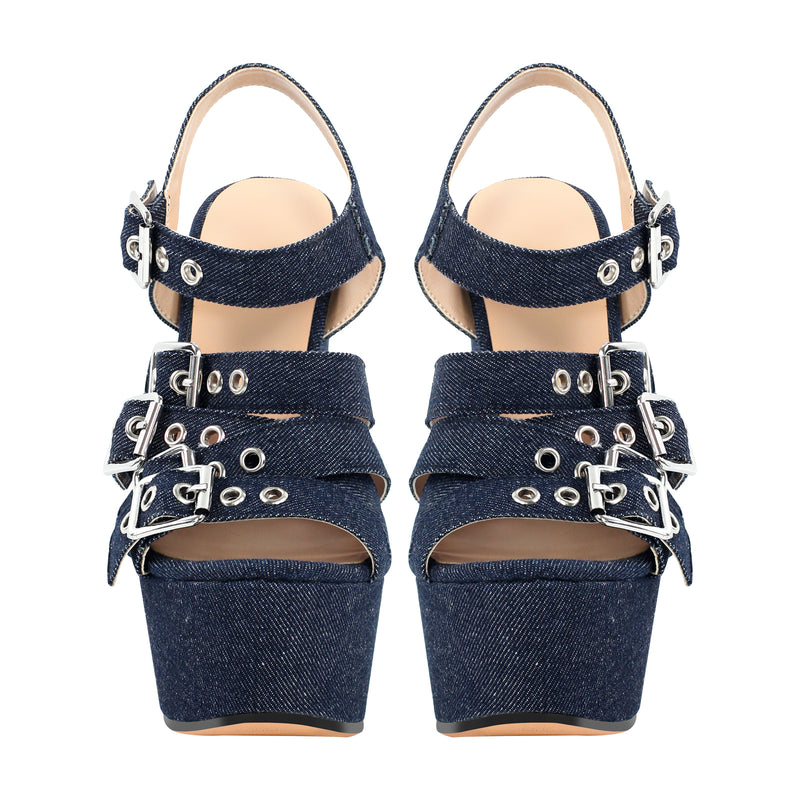 Denim Platform Wedge Heel Buckle Strap Sandals