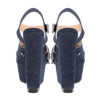 Denim Platform Wedge Heel Buckle Strap Sandals