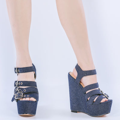 Denim Platform Wedge Heel Buckle Strap Sandals