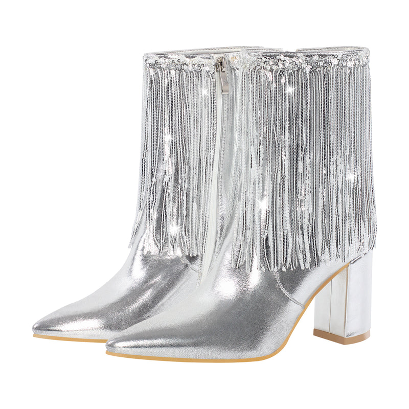 Sequins Pointed Toe Chunky Heel Ankle Boots