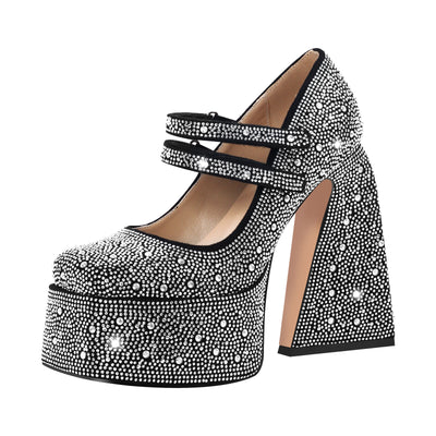 Platform Rhinestone Chunky Heel Mary Jane Pumps