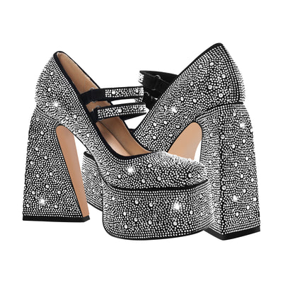 Platform Rhinestone Chunky Heel Mary Jane Pumps