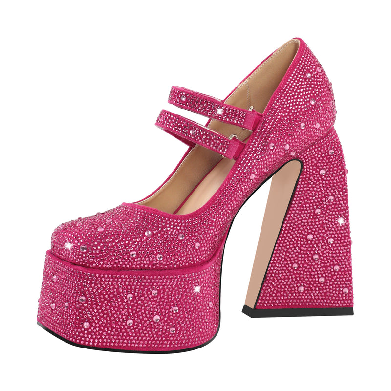 Platform Rhinestone Chunky Heel Mary Jane Pumps