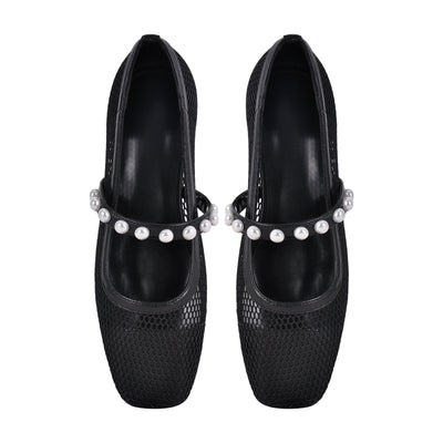 Square Toe Pearl Belt Mesh Flats