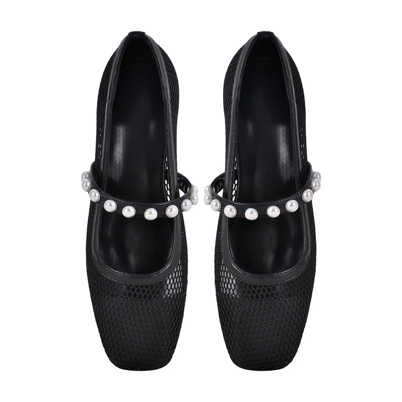 Square Toe Pearl Belt Mesh Flats