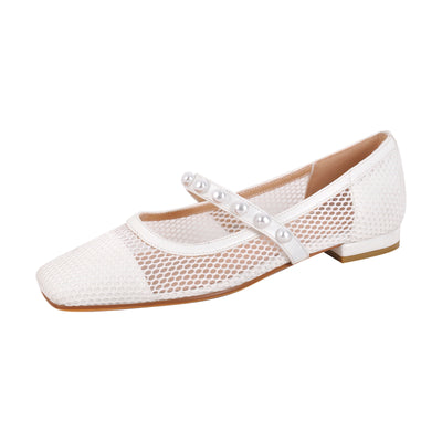 Square Toe Pearl Belt Mesh Flats