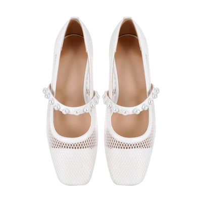 Square Toe Pearl Belt Mesh Flats