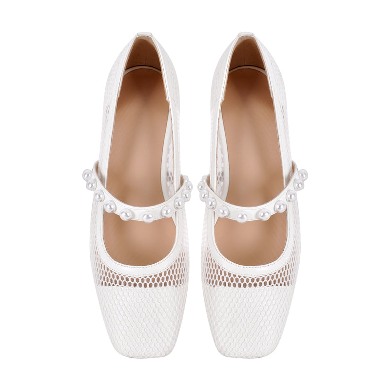 Square Toe Pearl Belt Mesh Flats