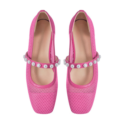 Square Toe Pearl Belt Mesh Flats