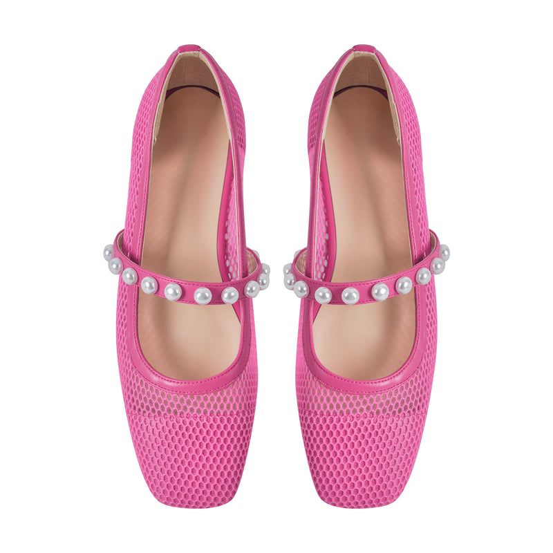 Square Toe Pearl Belt Mesh Flats