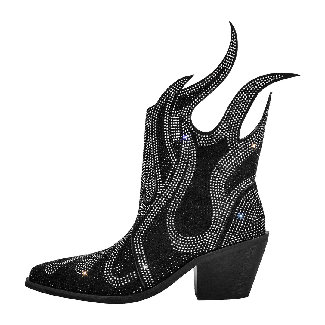 Flame Shape Rhinestone Pointed Toe Ankle Boots Black / US8, image size:1080x1080