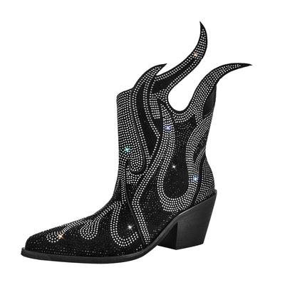 Flame Shape Rhinestone Pointed Toe Ankle Boots