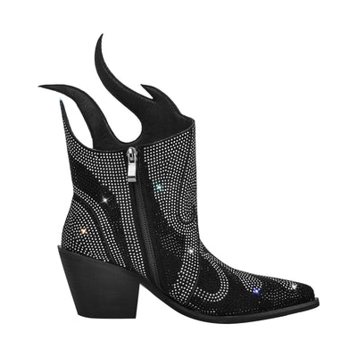 Flame Shape Rhinestone Pointed Toe Ankle Boots