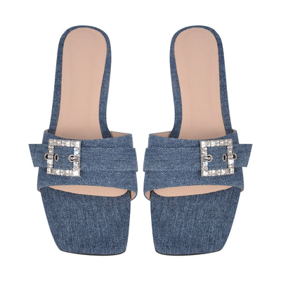 Denim Square Toe Buckle Strap Flats