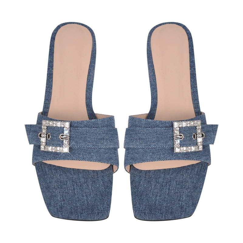 Denim Square Toe Buckle Strap Flats