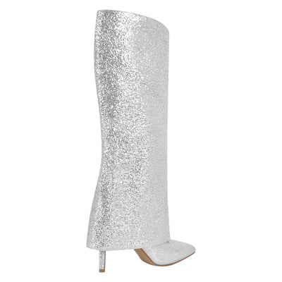 Glitter Pointed Toe Stiletto Thigh High Fold Over Boots