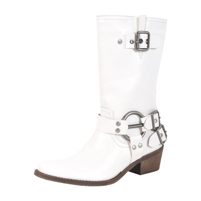 Pointed Toe Chunky Heel Buckle Strap Mid-Calf Western Boots