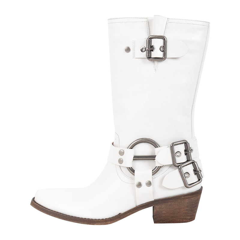 Pointed Toe Chunky Heel Buckle Strap Mid-Calf Western Boots