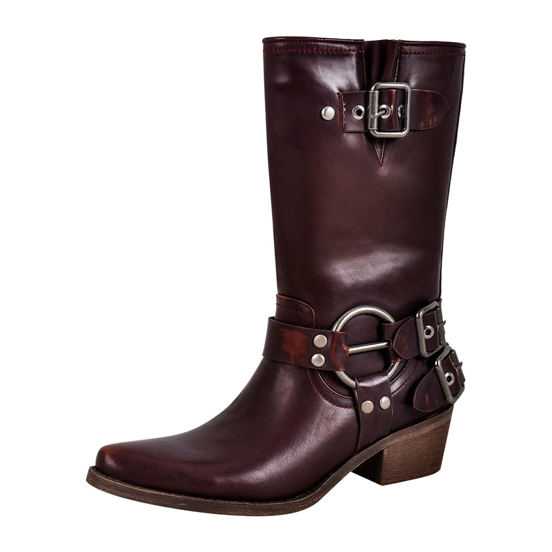 Pointed Toe Chunky Heel Buckle Strap Mid-Calf Western Boots