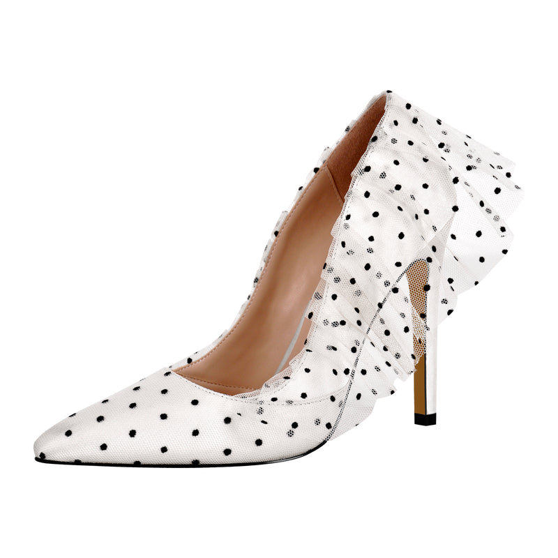 Polka Dots Pointed Toe Lace High Heel Pumps