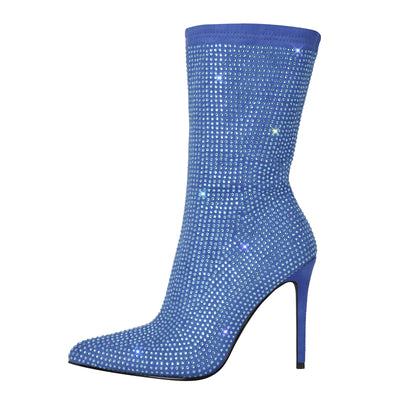 Rhinestone Pointed Toe High Heel Ankle Boots