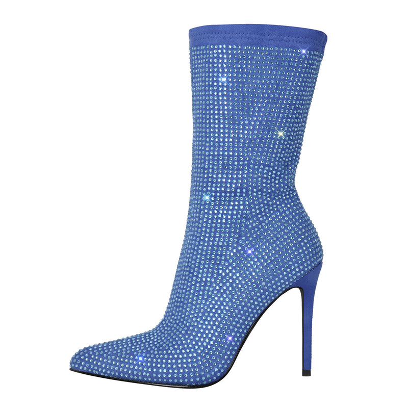 Rhinestone Pointed Toe High Heel Ankle Boots