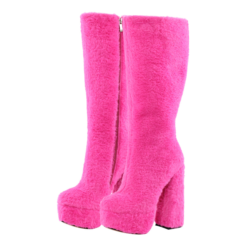 Pink Fur Platform High Heels Boots