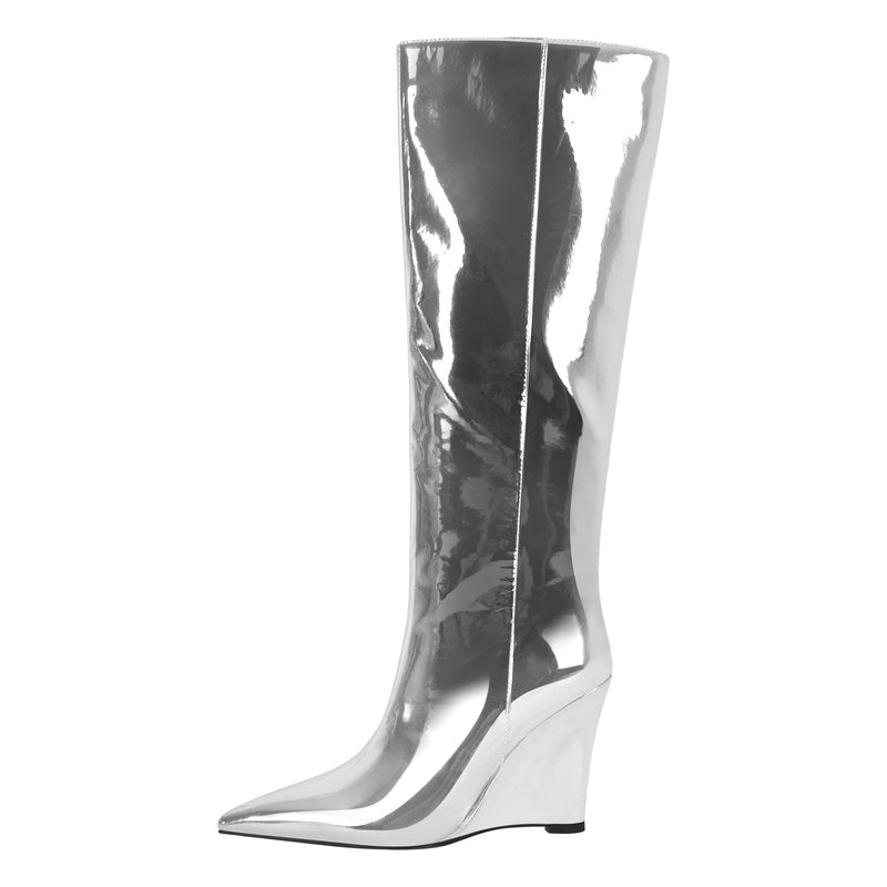 Pointed Toe Metallic Wedge Heel Knee High Boots