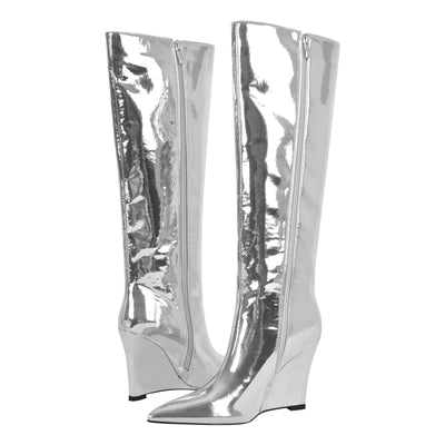Pointed Toe Metallic Wedge Heel Knee High Boots